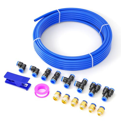 10MM OD Blue Polyurethane PU Air Hose Line Kits with Push-to-Connect Fittings for Compressed Air Fluid Transfer Tubing 10 Meter/32.8ft(Pack of 17) - color: Blue, size: 10mm OD/32.8ft