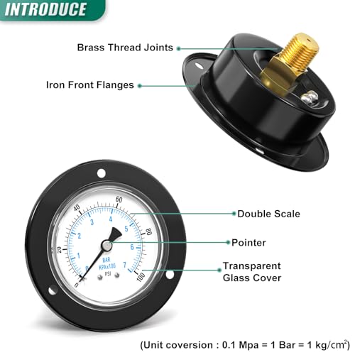 0-100PSI Black Front Flange Panel Mount, Dry Pressure Gauge, 2.5" Dial Size, 1/4" MNPT, Iron Case, with Phillips Screw and Nut, for Water, Gas, Liquid Pressure - color: Dry - Iron Case, size: 0-100PSI