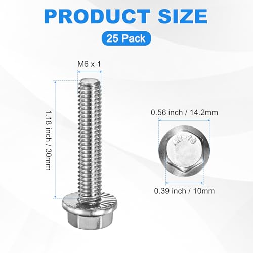 M METERXITY 25 Pack Flanged Hex Head Bolts, M6 x 30mm 304 Stainless Steel External Hex Drive Screws, Metric Fully Threaded Screw for Furniture Car DIY Project [Silver Tone] - size: M6 x 30mm