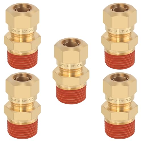 5PCS Air Brake Nylon Tubing Brass DOT 1/2"Tube OD x 1/2" NPT Union - size: 1/2" OD x 1/2" NPT, style: Straight Male NPT Thread-5PCS