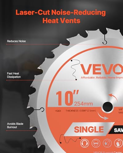 VEVOR Circular Saw Blade, 10 inch Diameter, 24 Sharp Alloy Teeth, 5/8 inch Arbor, Fine Finish, Wood Cutting Blade for Circular Saw, with Noise-Reducing Heat Vents, for Cutting Plywood, OSB, Hardwood - size: 10“ & 24T