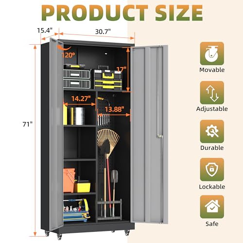 71''H Metal Garage Storage Cabinet with Wheels, Broom Cabinet with Lock - color: Black Gray, size: 71''h broom cabinet