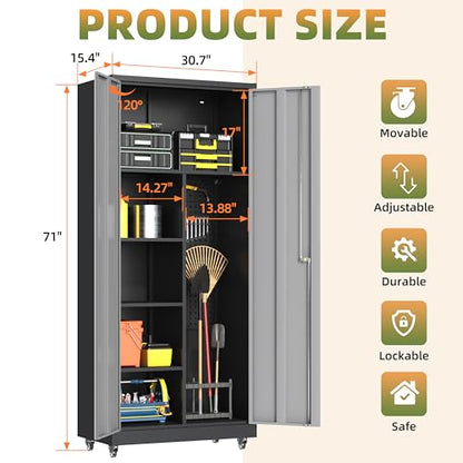 71''H Metal Garage Storage Cabinet with Wheels, Broom Cabinet with Lock - color: Black Gray, size: 71''h broom cabinet