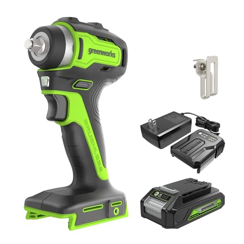 Greenworks 24V 3/8" Brushless Cordless Impact Wrench, 3/8 Inch, 150 ft.-lbs Torque, Lightweight and Compact, with 2.0Ah Battery and Charger, PA147K - style: w/2Ah Battery