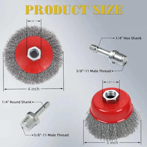4Pcs 4"Coarse Crimped Wire Wheel & 3"Cup Brush For 4-1/2" Angle Grinder 5/8"-11 UNC Arbor, 0.014”Carbon Steel Wire Brush For Rust, Corrosion, Paint Removal(With 2Pcs 1/4" Shank Drill Adapter) - style: 4" Coarse Crimped Wire Wheel & 3" Cup Brush