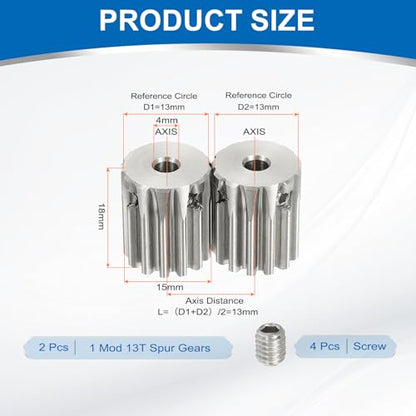 uxcell 2Pcs 1 Mod 13T Spur Gear 4mm Bore, 304 Stainless Steel Pinion Gear - size: 1 Mod 13T, 4mm