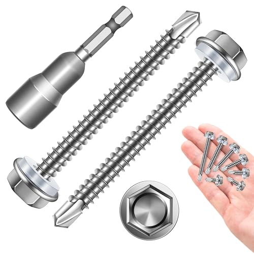 Sheet Metal Screws 50Pcs #10 x 2 Self Tapping Screws for Metal, 410 Stainless Steel Hex Head Self Drilling Screws for Metal Plastic Wood, High-Strength Quick Self-Tapping Screws by Marysino - color: Silver (#10), size: 2"