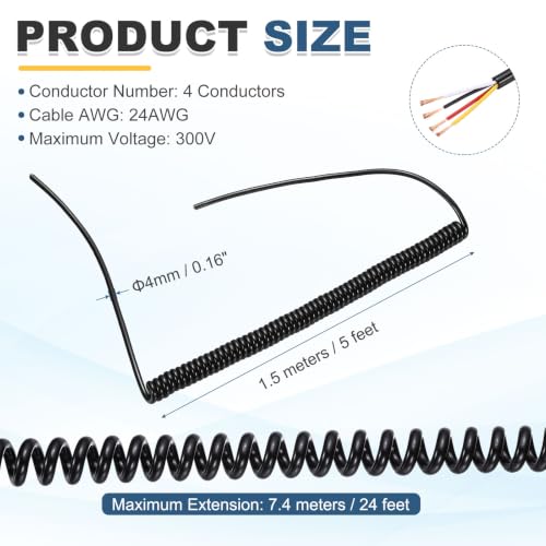 MECCANIXITY 5ft 24AWG Retractable Coiled Coil Cord 300V 105℃ 4 Conductor - size: 5ft x 24AWG, 4 Conductor