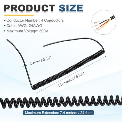 MECCANIXITY 5ft 24AWG Retractable Coiled Coil Cord 300V 105℃ 4 Conductor - size: 5ft x 24AWG, 4 Conductor