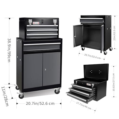 4 Drawer Rolling Tool Chest with Double Door,40"Detachable 2-in-1 Tool Box - color: Black, size: 4-drawer tool chest