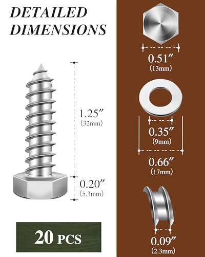 (1Box) 5/16" x 1-1/4" Hex Head Lag Screws Bolts with Flat Washers, 20Sets 304 Stainless Steel 18-8 Heavy Duty 5/16 Lag Bolts for Wood with Hex Socket - size: 5/16" x 1-1/4", style: 1-Box