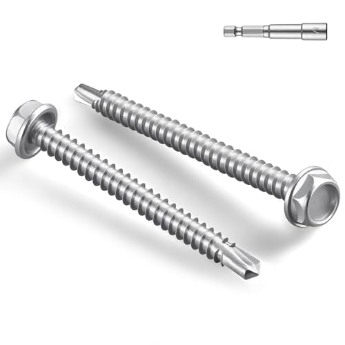 #8 x 1-1/2 Inch Self Drilling Screws, 56pcs 0.5 lbs Self Tapping Screws for Metal, 410 Stainless Steel Hex Washer Head Sheet Metal Screw - color: Silver 0.5lb Per Box, size: #8x1-1/2"