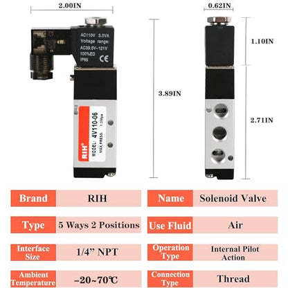 RIH Pneumatics Solenoid Valve 4V110-06 12V/24V/110V Series Single Coil Pilot-Operated Electric 2 Position 5 Way Connection Type (AC110V/Junction Box, 1/8"NPT) - size: AC110V/Junction Box, style: 1/8"NPT