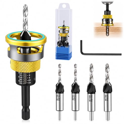 Countersink Drill Bits Set with Adjustable Depth Stop, Yellow - color: Yellow