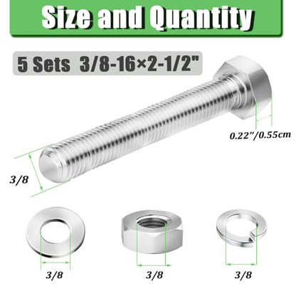 5 Sets 3/8-16 × 2-1/2" Stainless Steel Hex Head Screws Bolts, Nuts, Flat & Lock Washers,18-8(304) Full Thread - color: Silver-hex, size: 3/8-16×2-1/2"(5 sets)