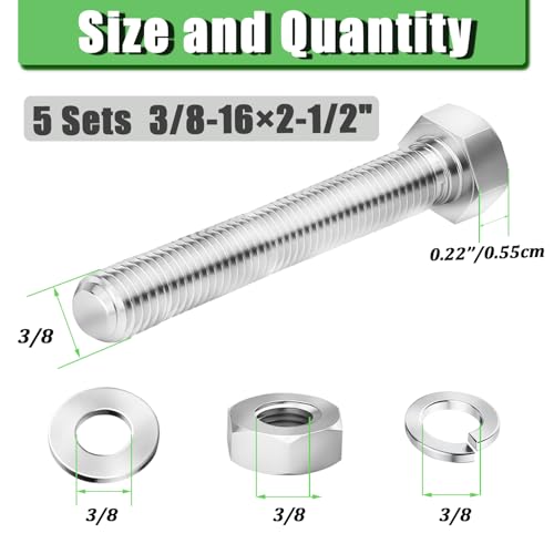 5 Sets 3/8-16 × 2-1/2" Stainless Steel Hex Head Screws Bolts, Nuts, Flat & Lock Washers,18-8(304) Full Thread - color: Silver-hex, size: 3/8-16×2-1/2"(5 sets)