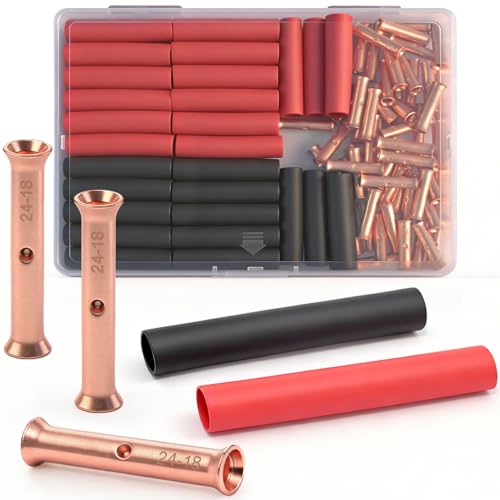SVAAR 24-18 Gauge Flared Barrel Butt Splice Connectors Kit 100PCS 24-18 AWG Non-Insulated Butt Connectors Bare Copper Flared Compression Butt Splices Crimp Butt Terminals+100PCS 3:1 Heat Shrinks - color: Bare Copper
