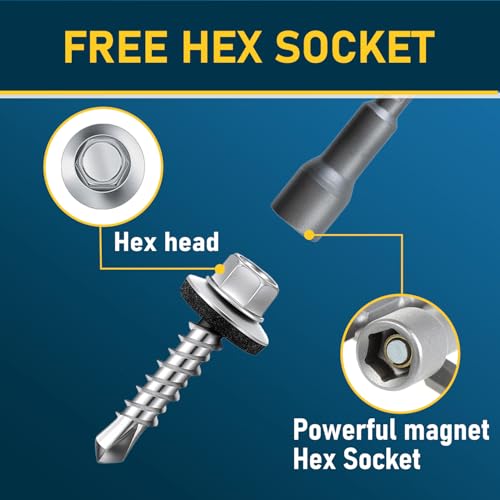 300Pcs #10 x 1 Inch Galvanized Metal Roofing Screws, Hex Head Drill Point Sheet Metal Roof Screw with Rubber Washer, EPDM Washer, with Hex Drive Bit. - color: Galvanized, size: #10 x 1 Inch