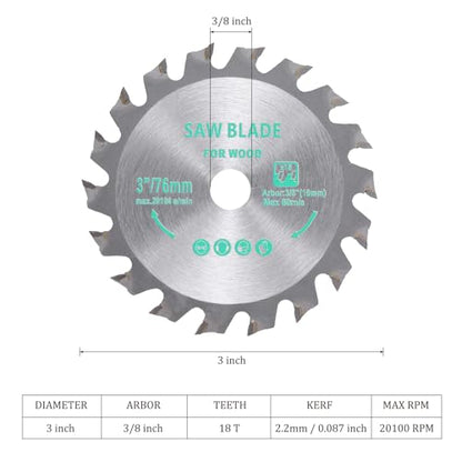 Circular Saw Blade - [3 Inch x 18 Teeth x 3/8 Inch Arbor] Tungsten Carbide Tipped Table Miter Saw Blades for Wood Aluminum Soft Metal Use | Silver Tone