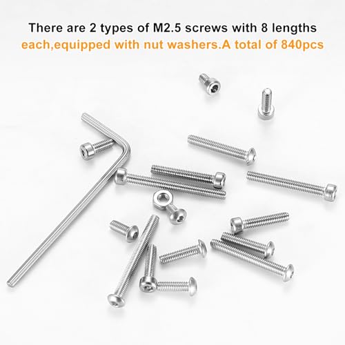840Pcs Silver Stainless Steel M2.5 Hex Socket Screws & Nuts Assortment Kit - color: M2.5 840 Silver