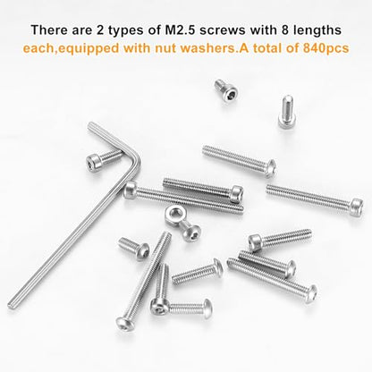 840Pcs Silver Stainless Steel M2.5 Hex Socket Screws & Nuts Assortment Kit - color: M2.5 840 Silver