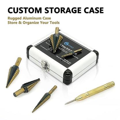 GMTOOLS Step Drill Bit Set - Black and Gold, 6 Pcs High Speed Steel Unibit Drill Bits, Stepped Up Bits & Automatic Center Punch, DIY Lovers with Aluminum Case, Total 50 Sizes for Metal - style: Black and Gold