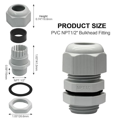 1/2" NPT Cable Glands, 6-12mm, Grey, 12 Pack - color: Grey, size: 1/2"-12PCS