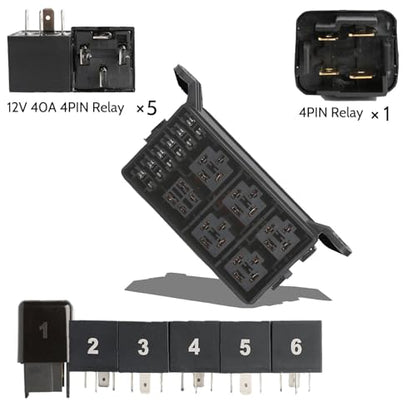 Pre-Wired 12V Fuse Relay Box,6-Way Power Distribution Block with 5 High-Power 4-Pin 40A Relays and 1 Standard Fused Circuit,Heavy-Duty Relay Panel for Trucks & Fleet Vehicles - size: RY05F06