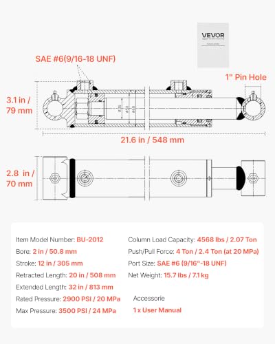 VEVOR Double Acting Hydraulic Cylinder, 2" Bore x 12" Stroke, Max 3500PSI Hydraulic Cylinder, Heavy-Duty Welded Cross Tube Cylinders with 1" Pin Hole & SAE #6 Port for Agricultural Machinery, Tractors - size: 2x12