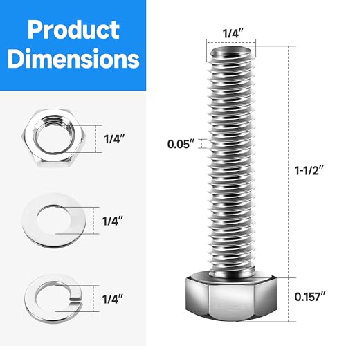 (12 Sets) 1/4-20 x 1-1/2" Hex Head Screws Bolts and Nuts Kit with 1/4-20 Bolt, 1/4-20 Nuts, Flat & Lock Washers, Fully Threaded, 1/4 20 Stainless Steel Bolts, Bright Finish by Marysino - color: (Silver)-1/4, size: 1-1/2"