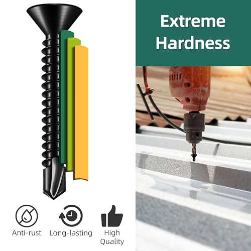200pcs #10 x 1-1/4 Sheet Metal Self Tapping Screws Assortment Kit, 410 Stainless Steel Flat Head High-Strength Fast Self-Drilling Screws, Black Oxided - size: #10x1-1/4"
