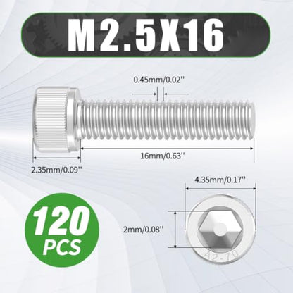 120 Pcs M2.5 x 16mm Button Head Socket Cap Screws - 304 Stainless Steel - size: M2.5x16