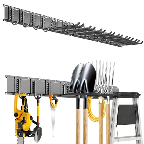 Garage Tool Organizer Wall Mount, 64inch Heavy-Duty Garage Storage System and Garden Tool Organizer with 12 Adjustable Hooks for Shovel, Snowboard, Yard Tools and Shed - size: 64"-12hooks