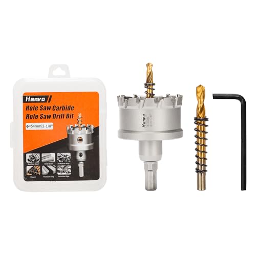 Hole Saw 2-1/8" (54mm) Heavy Duty Carbide with 2 Pilot Drill Bits - Metal Hole Cutter Cuts Stainless Steel, Iron, Copper, Brass, Plastic - size: 54mm|2-1/8"