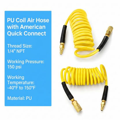 2PCS Polyurethane Recoil Air Hose, 1/4" ID by 25FT, Yellow - color: Yellow, size: 1/4" ID x 25FT