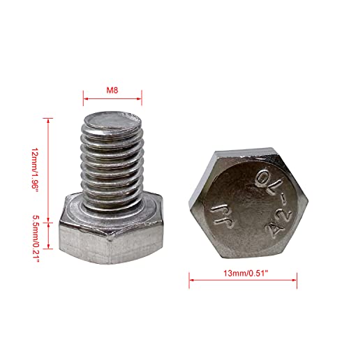 M8 Hex Bolt, M8-1.25 x 12mm Hex Head Screw Bolts, 304 Stainless Steel, Fully Threaded, Plain Finish, Hex Tap Bolts 20Pcs (M8x12mm) - size: M8x12mm