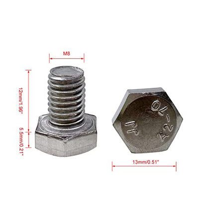 M8 Hex Bolt, M8-1.25 x 12mm Hex Head Screw Bolts, 304 Stainless Steel, Fully Threaded, Plain Finish, Hex Tap Bolts 20Pcs (M8x12mm) - size: M8x12mm