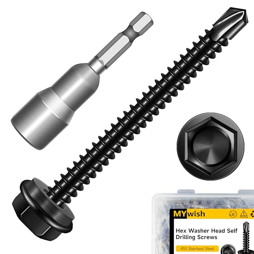 Mywish 50pcs #10 x 2 Self Drilling Screws for Metal, 410 Stainless Steel Hex Washer Head Self Drilling Screws, Black Oxided Self Tapping Sheet Metal Tek Screw Fast Tapping - size: #10x2"(50pcs)
