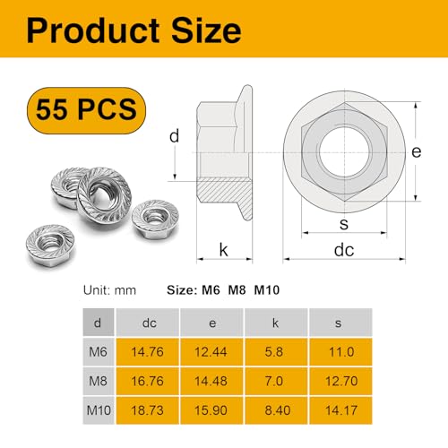 55PCS Serrated Flange Nuts Assortment, M6 M8 M10, 304 Stainless - size: MIX-55PCS