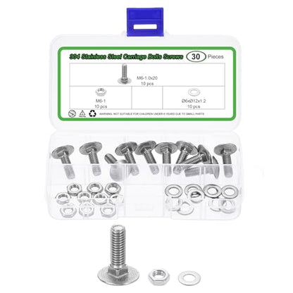uxcell 10 Set Carriage Bolts and Nuts Kit, M6-1.0x20 Stainless Steel 304 Round Head Square Neck Carriage Bolts Screws and Hex Nuts and Flat Washers - Silver - size: M6-1.0x20mm