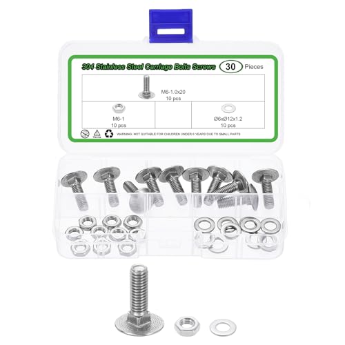 uxcell 10 Set Carriage Bolts and Nuts Kit, M6-1.0x20 Stainless Steel 304 Round Head Square Neck Carriage Bolts Screws and Hex Nuts and Flat Washers - Silver - size: M6-1.0x20mm