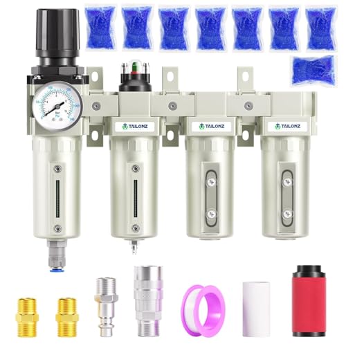 TAILONZ PNEUMATIC 0-240 PSI 1/2 Inch NPT Industrial Grade 4-Stage Air Drying System, Particulate Filter, Dual Desiccant Dryer, 5 Micron & 0.01 Micron Filtration (Auto Drain) - color: 4 Stage(2filter+2dryer), size: 1/2" NPT/Automatic Drainage
