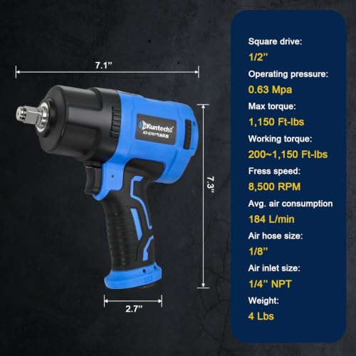 1/2 Air Impact Wrench, 1150 Ft-Lbs 8500 RPM High Torque Impact Gun, Pneumatic Impact Wrench with Double Hammer Mechanism, Lightweight 3-Speed Adjustable Air Impact Gun, with Accessories