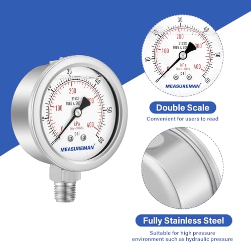 MEASUREMAN Fully Stainless Steel Hydraulic Glycerin Filled Pressure Gauge, 2-1/2" Dial Size, 1/4" NPT Lower Mount, 0-60psi/kpa - size: 0-60 psi, style: Lower Mount(100% Stainless Steel)