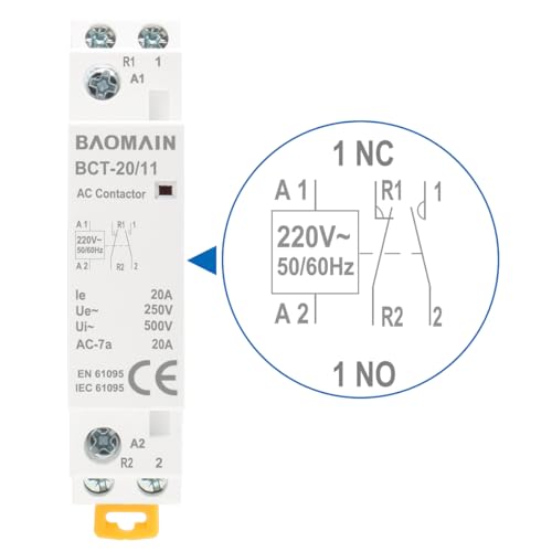 BAOMAIN 220V AC 2-Pole 20A Modular Contactor, 1NO1NC, DIN Rail Mount