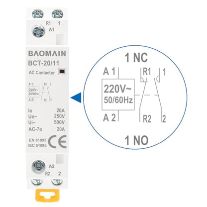 BAOMAIN 220V AC 2-Pole 20A Modular Contactor, 1NO1NC, DIN Rail Mount