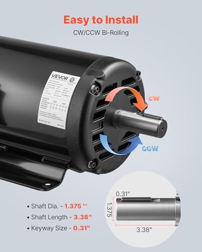 VEVOR 10 HP Electric Motor, 1770RPM Air Compressor Motor, CW/CCW Rotation, 1.375 inch Shaft Diameter, 3.88inch Shaft Length, 40N.m Torque, Three-Phase, 230V/460V, ODP Cooling, 215T Frame - size: 10P-215T-3.88inch Shaft Length
