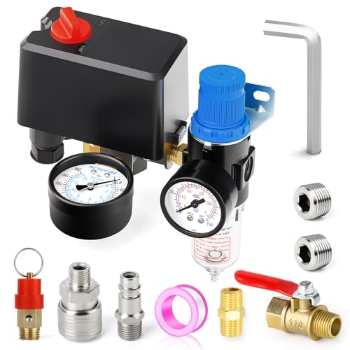 MEANLIN MEASURE Air Compressor Pressure Switch Control Valve 120-150 PSI 110V-240V 4-way Replacement Parts With AFR2000 Air Line Filter and Safety Pressure Relief Valve - style: Filter Model