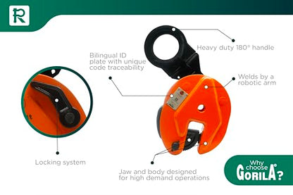 GORILA Vertical plate clamp articulated | 4400lbs / 2 ton | Jaw opening 1 inch / 25mm | Industrial and heavy duty steel plate clamp for lifting and transporting | Safety factor 4:1 | Since 1989 - size: 2t / 4400lbs