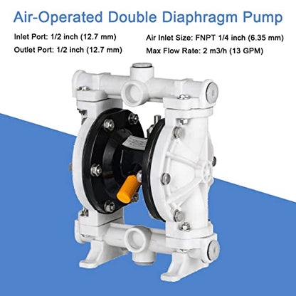 Polypropylene Air-Operated Double Diaphragm Pump with PTFE Diaphragms Max 100psi 13 GPM Pneumatic Double Diaphragm Pump for Chemical and Industrial Fluids Use (1/2 inch Inlet/Outlet)